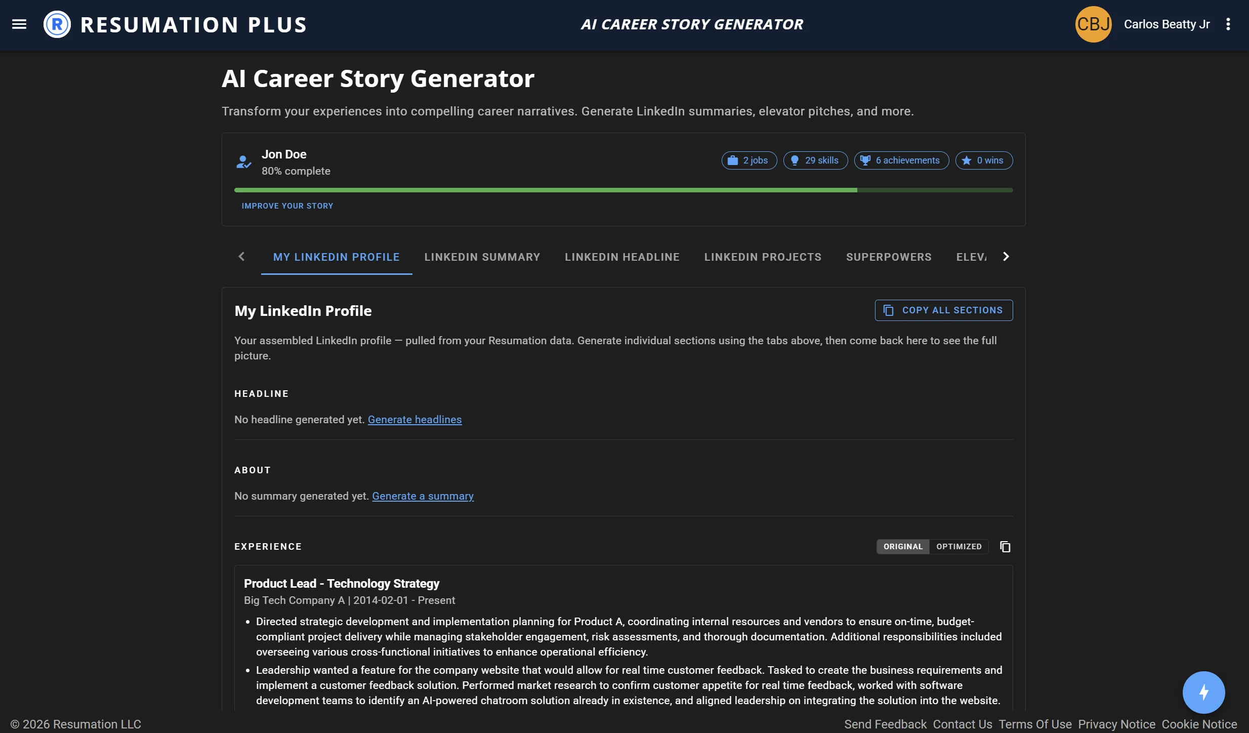 LinkedIn Profile Builder — generate your LinkedIn headline, summary, and experience bullets from Resumation