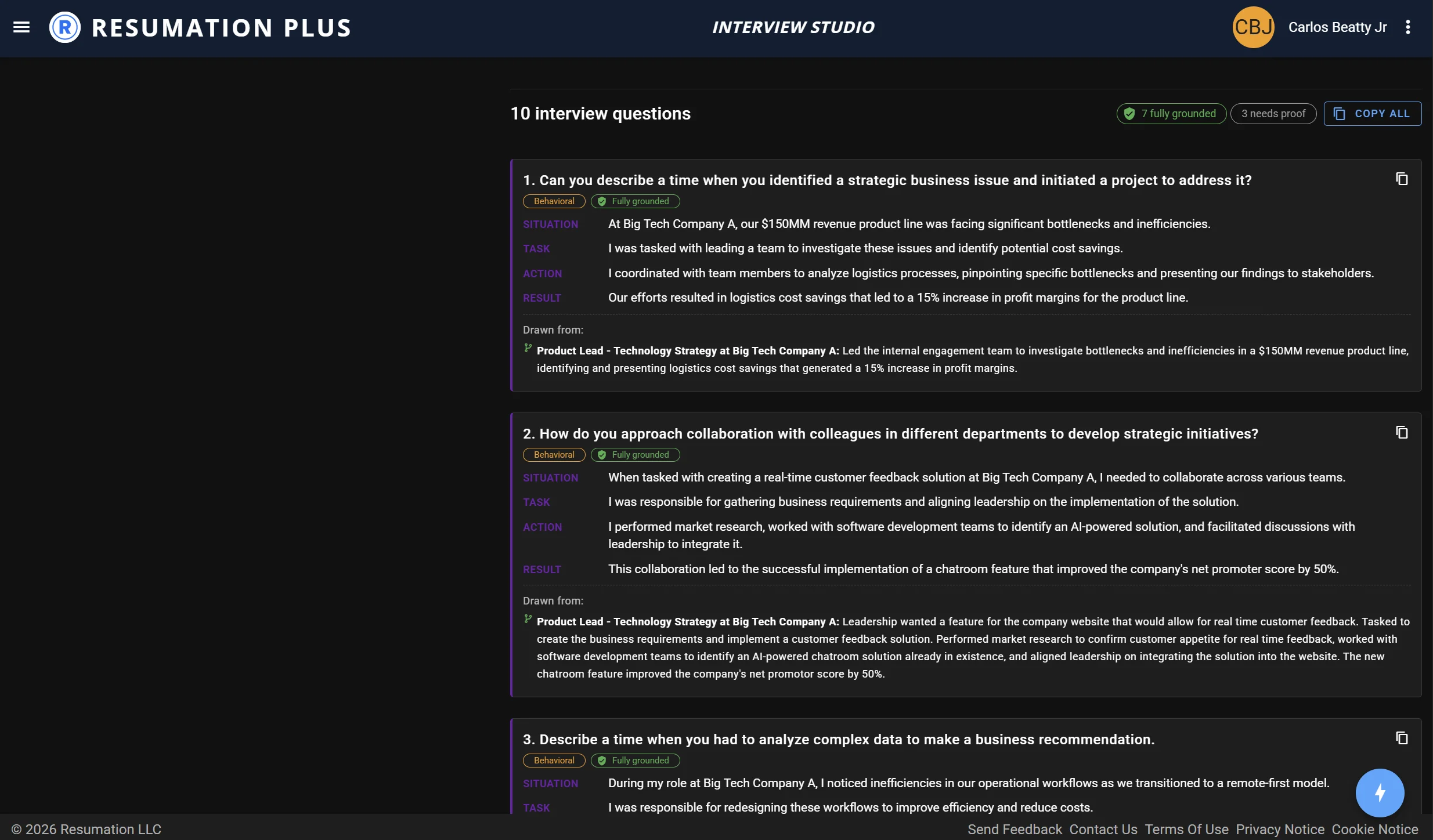 Interview Studio — AI-generated interview prep grounded in your career evidence