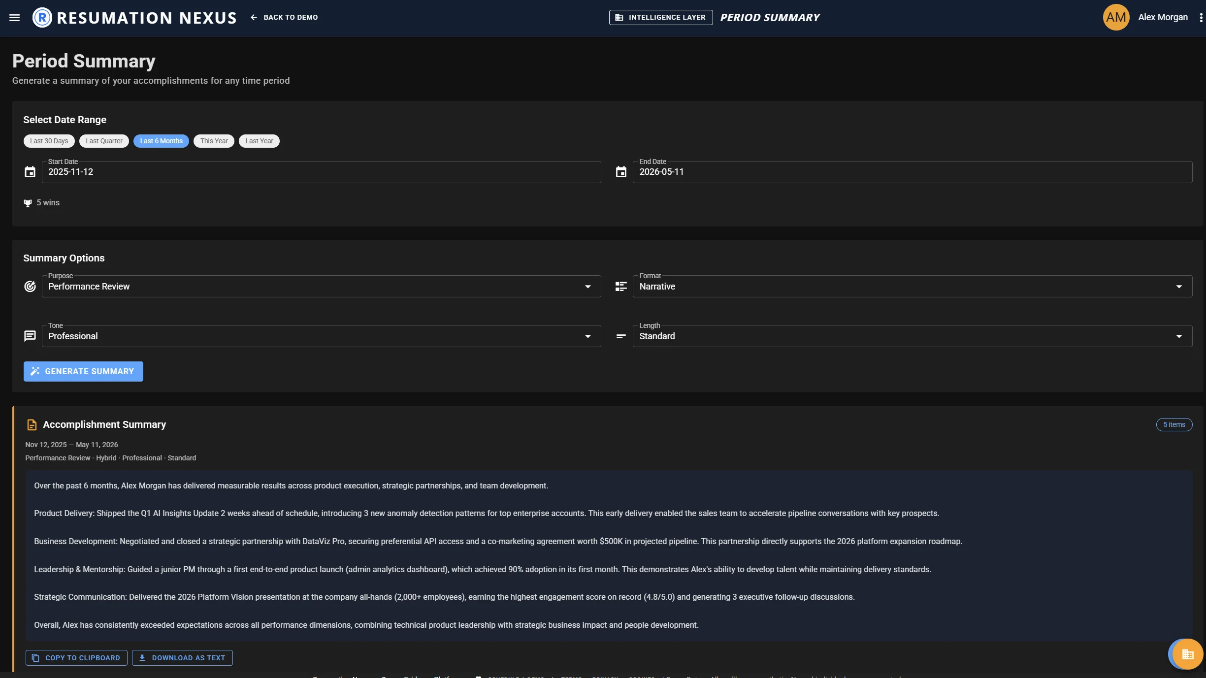 Period Summary — AI-generated accomplishment summary for performance reviews in Resumation