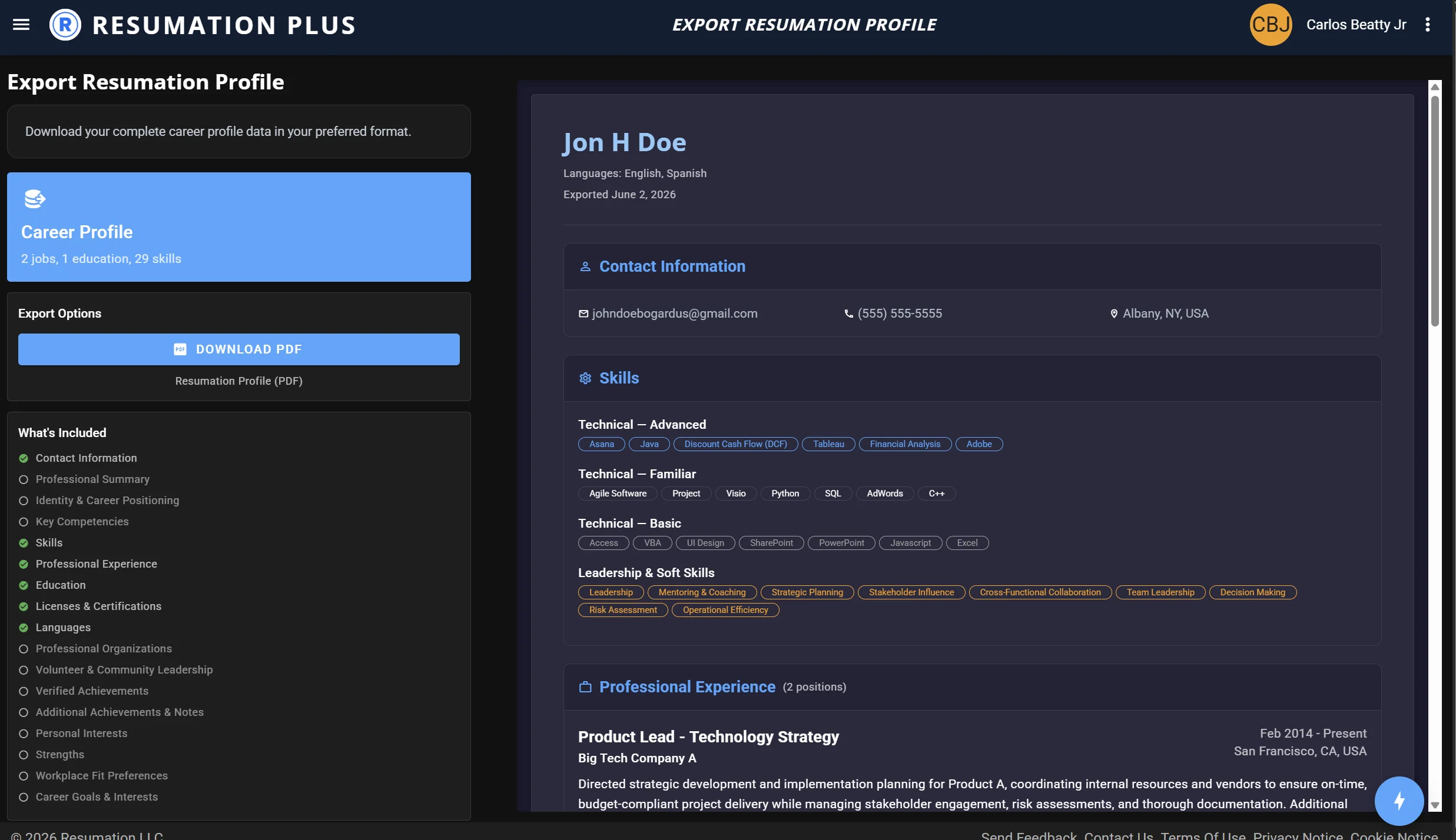 Full Resumation profile export — complete career evidence in one portable file