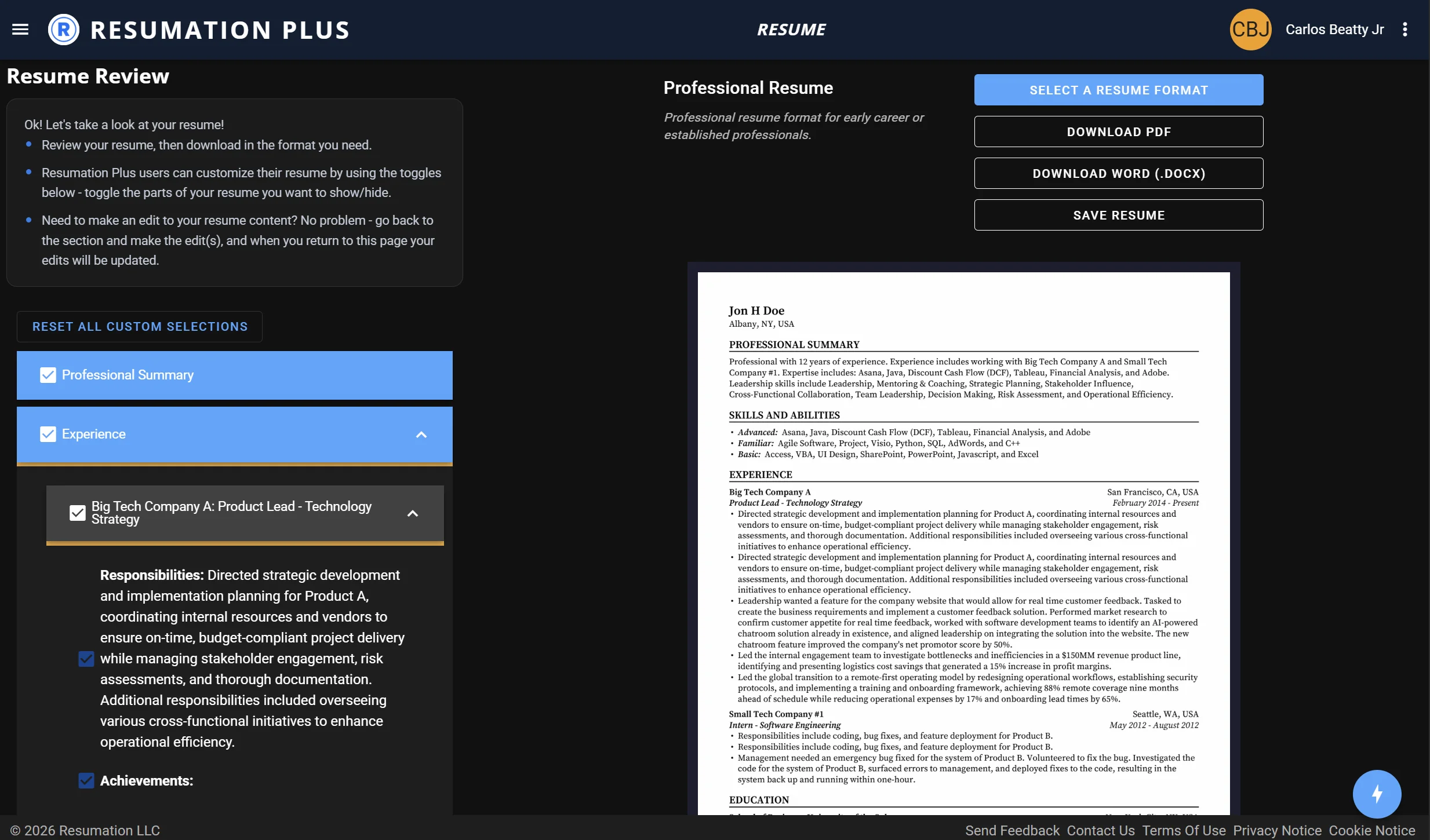 Resume builder and download — PDF, Word, and plain text formats in Resumation