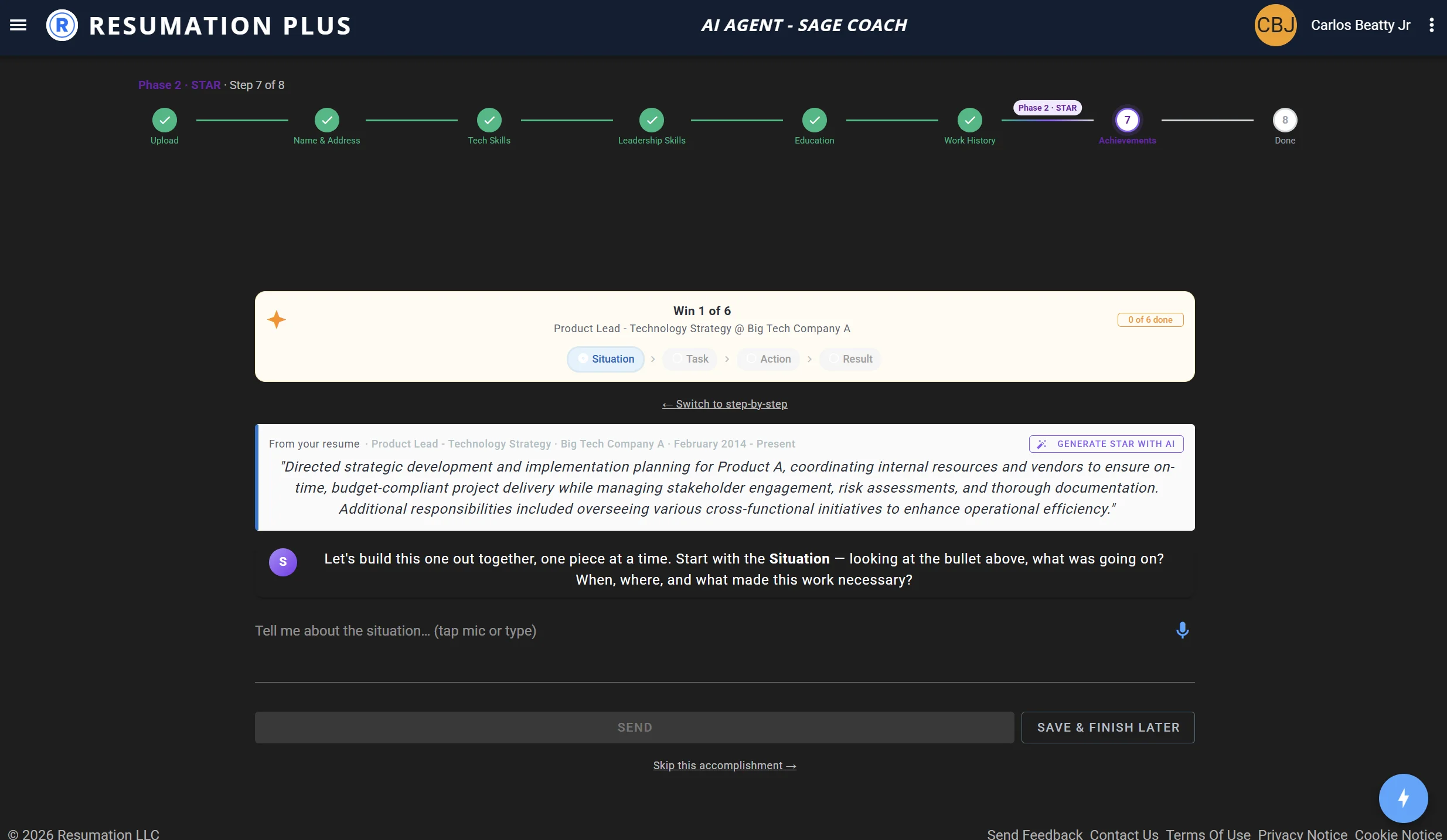 Sage Coach voice agent — conversational STAR achievement capture during resume upload
